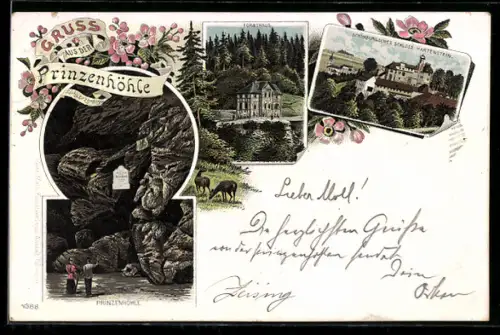 Lithographie Hartenstein, Forsthaus, Schönburgsches Schloss, Prinzenhöhle