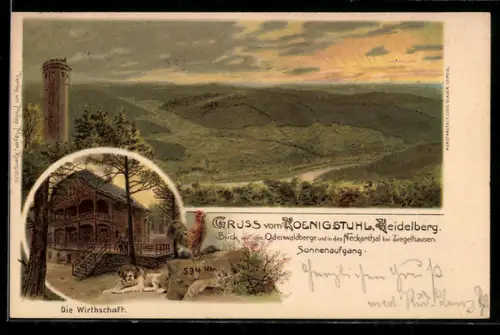 Lithographie Heidelberg, Sonnenaufgang mit Feldern und Wirtschaft