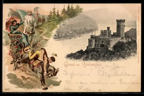 Lithographie Ruine Stolzenfels am Flussufer