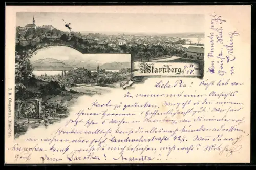 Lithographie Starnberg, Ortsansicht bei Tag