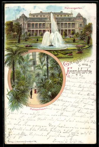 Lithographie Frankfurt-Westend, Palmengarten-Gebäude u. Brunnen, Innenansicht Palmenhaus