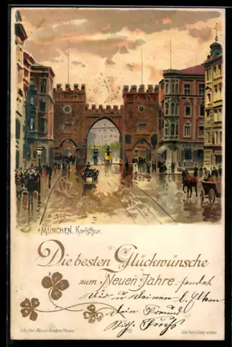 Lithographie München, Karlstor aus der Vogelschau, Glücksklee, Neujahrsgruss