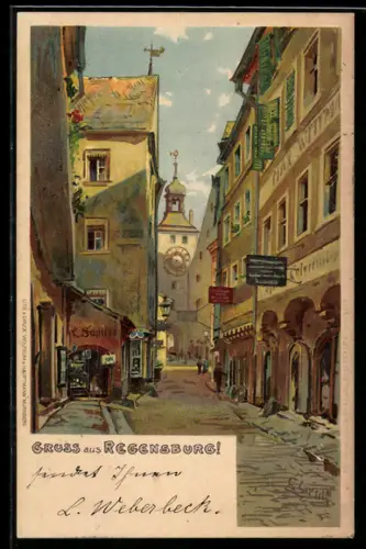 Lithographie Regensburg, Strassenszene mit Uhrturm und Geschäften