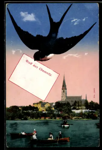 Schwalben-AK Chemnitz, Uferpartie mit Kirche und Bootspartie auf dem Fluss