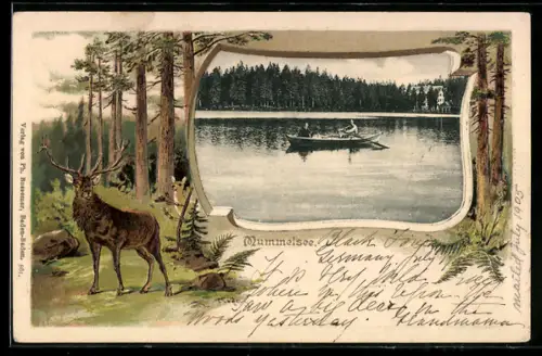 Lithographie Mummelsee, Seeansicht mit Ruderboot, Hirsch im Wald