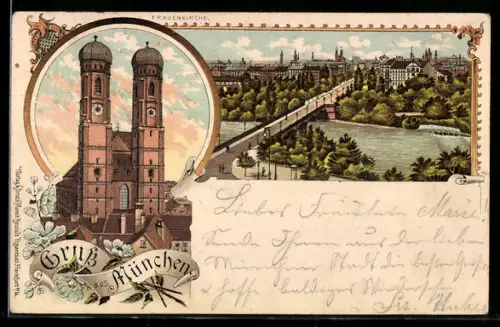 Lithographie München, Frauenkirche, Brücke, Stadtpanorama