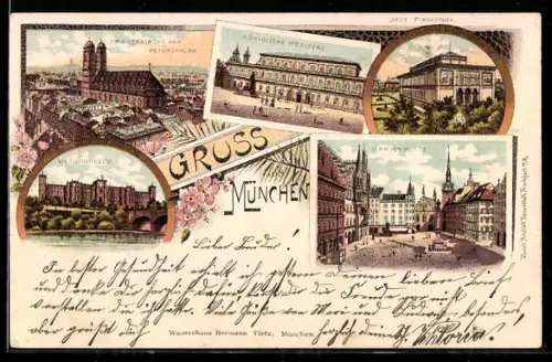 Lithographie München, Frauenkirche, Königliche Residenz, Marienplatz, Maximilianeum, Neue Pinakothek