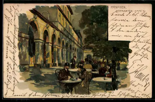 Lithographie München, Hofgarten-Cafés, Gäste im Freien