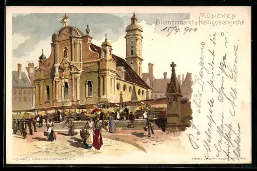 Lithographie München, Blumenmarkt, Heiliggeistkirche, Denkmal
