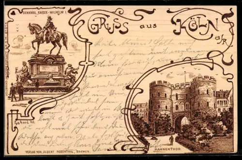 Holzbrand-Imitations-AK Köln, Hahnenthor, Denkmal Kaiser-Wilhelm I., Ornamente