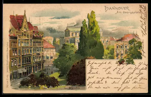 Lithographie Hannover, Am Georgsplatz, Ansicht aus der Vogelschau