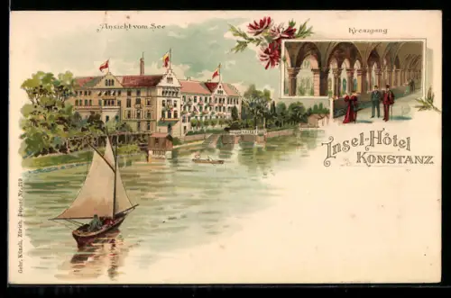 Lithographie Konstanz, Insel-Hotel, Ansicht vom See, Kreuzgang