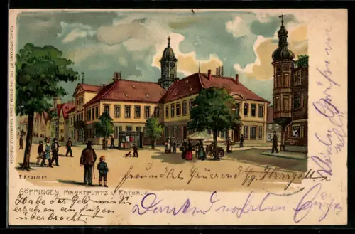 Lithographie Göppingen, Marktplatz u. Rathaus
