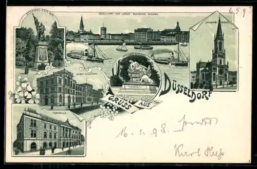 Lithographie Düsseldorf, Denkmal der 39er, Kunstakademie, Johanniskirche, Tonhalle, Rheinansicht