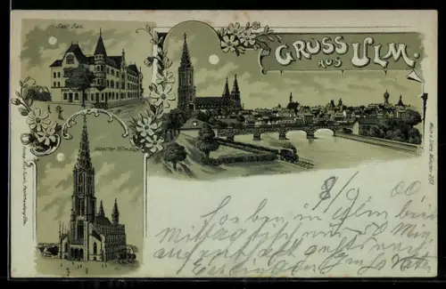 Mondschein-Lithographie Ulm, Münster, Stadt-Bau, Donaubrücke mit Stadtpanorama