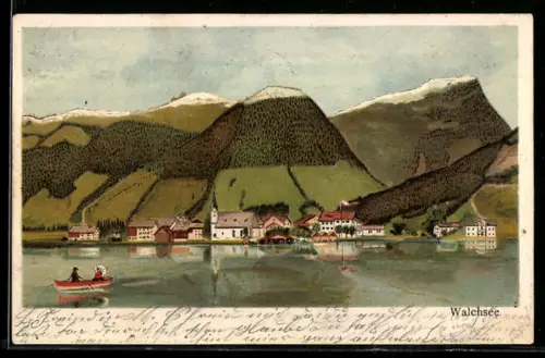 Lithographie Walchsee, Ortsansicht mit See und Bergen