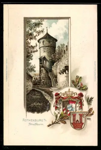 Passepartout-Lithographie Rothenburg ob der Tauber, Strafthurm, Stadtwappen