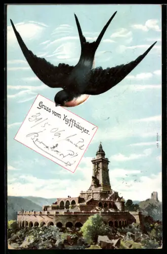 AK Vogel mit Nachricht im Schnabel über dem Kyffhäuser-Denkmal
