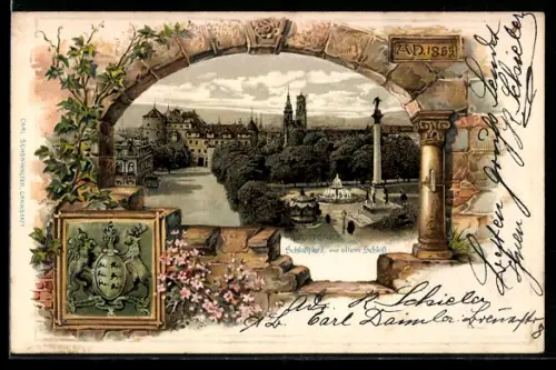 Passepartout-Lithographie Stuttgart, Schlossplatz mit altem Schloss, Wappen