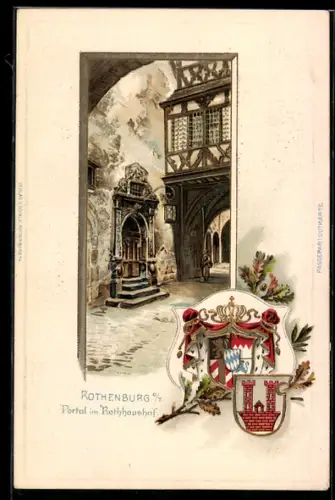 Passepartout-Lithographie Rothenburg o. T., Portal im Rathaushof, Wappen