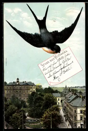 Grusskarten-AK Mittweida, Schwalbe über dem Ort