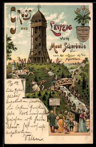 Lithographie Leipzig, Besucher besteigen Mont Scherbelio mit Aussichtsturm