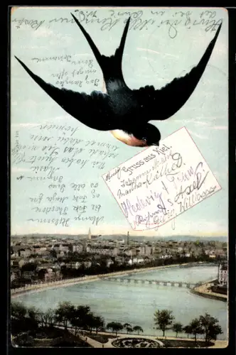 Grusskarten-AK Kiel, Schwalbe über dem Ort