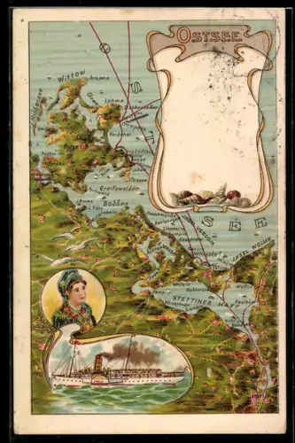 Lithographie Stralsund, Landkarte Ostesee, Dampfer Freia