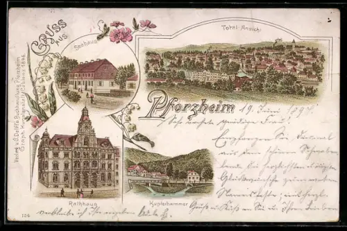 Lithographie Pforzheim, Seehaus, Rathaus und Kupferhammer