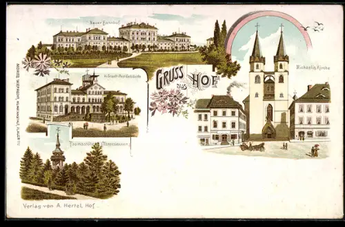 Lithographie Hof, Neuer Bahnhof, Michaelis Kirche, Post-Gebäude
