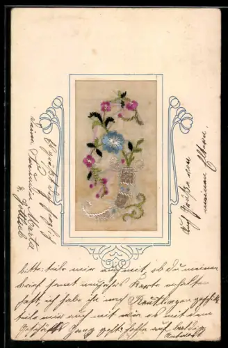 Seidenstick-AK Füllhorn mit Blumen, Ornament-Rahmen