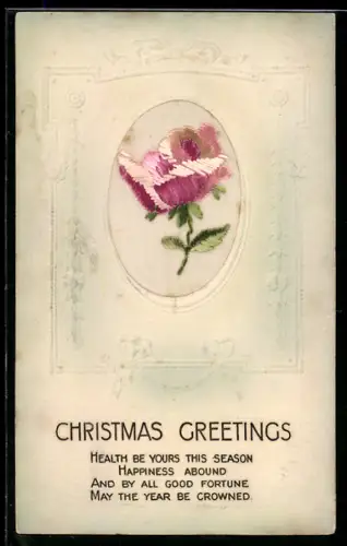 Seidenstick-AK Rose, Weihnachtsgruss, Ornament-Rahmen