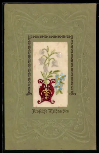 Seidenstick-AK Vase mit Blumen, Weihnachtsgruss, Ornament-Rahmen