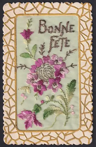 Seidenstick-AK Rote Blumen, Schriftzug Bonne Fete, Ornament-Rahmen