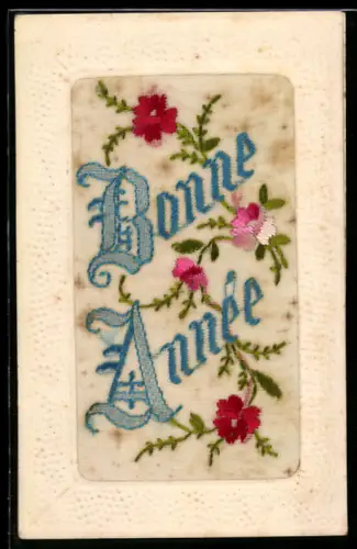 Seidenstick-AK Rote Blumen, Schriftzug Bonne Année, Ornament-Rahmen
