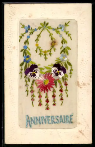 Seidenstick-AK Stiefmütterchen und weitere Blumen, Schriftzug Anniversaire, Ornament-Rahmen