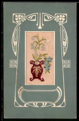 Seidenstick-AK Blumen in einer Vase, Ornament-Rahmen, Jugendstil