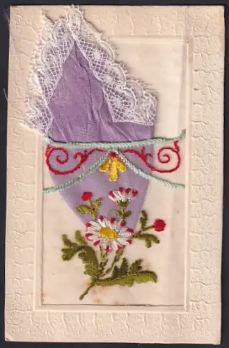 Seidenstick-AK Blumen-Seidentasche mit Spitzen-Taschentuch, Ornament-Rahmen