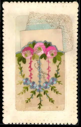 Seidenstick-AK Blumen-Seidentasche mit Kärtchen Bonne Année u. Spitzen-Taschentuch, Ornament-Rahmen