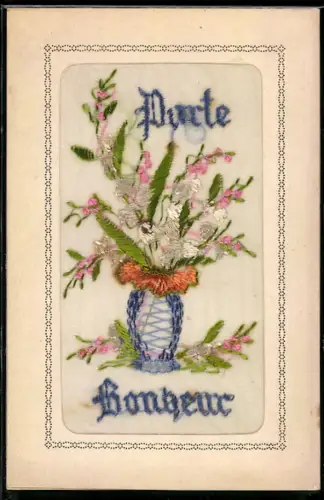 Seidenstick-AK Vase mit Blumen, Ornament-Rahmen, Schriftzug Porte Bonheur