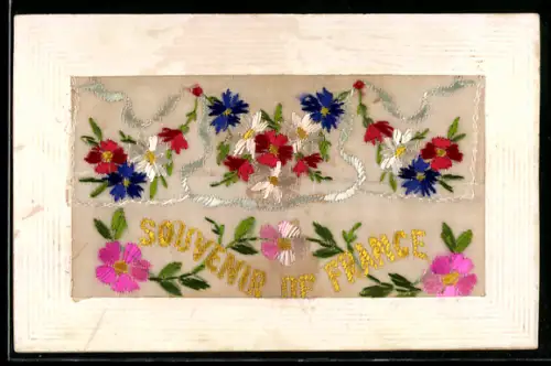 Seidenstick-AK Blumen-Seidentasche, Ornament-Rahmen, Schriftzug Souvenir de France