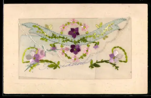 Seidenstick-AK Blumenarrangement, Seidentasche mit Blumenkärtchen, Ornament-Rahmen