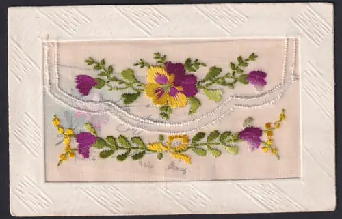 Seidenstick-AK Stiefmütterchen-Seidentasche mit Blumenkärtchen, Ornament-Rahmen