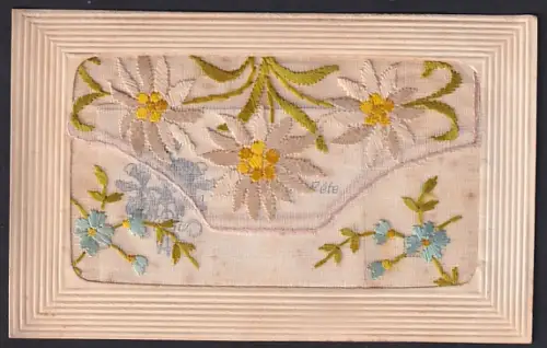 Seidenstick-AK Edelweiss-Seidentasche mit Blumenkärtchen, Bonne Fete, Ornament-Rahmen