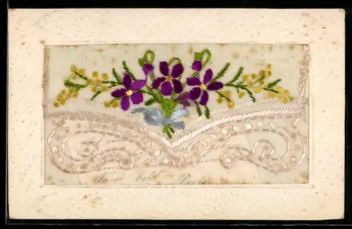 Seidenstick-AK Blumen-Seidentasche mit Kärtchen, Ornament-Rahmen