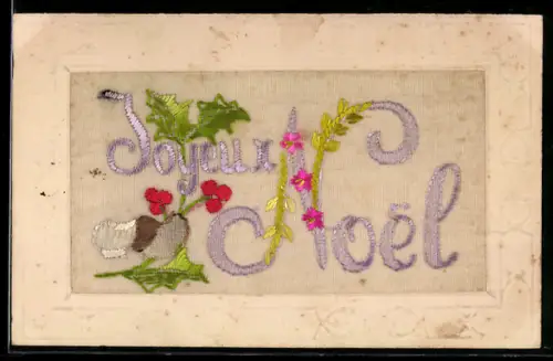 Seidenstick-AK Blumen u. Ilex, Schriftzug Joyeux Noel, Ornament-Rahmen