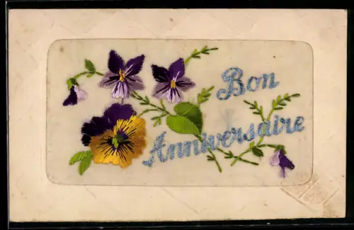 Seidenstick-AK Stiefmütterchen u. Veilchen, Schriftzug Bon Anniversaire, Ornament-Rahmen