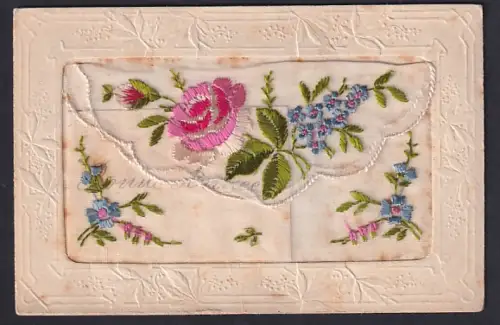 Seidenstick-AK Rose u. weitere Blumen, Seidentasche mit Kärtchen Bonne Année, Ornament-Rahmen