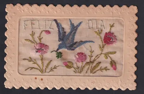 Seidenstick-AK Vogel u. Mphnblumen, Schriftzug Feliz Ola, Ornament-Rahmen