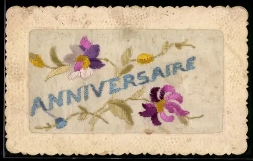Seidenstick-AK Bunte Blumen, Schriftzug Anniversaire, Ornament-Rahmen